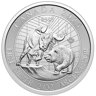 A picture of a Pièce d’argent de 2 oz Taureau et ours (2025)